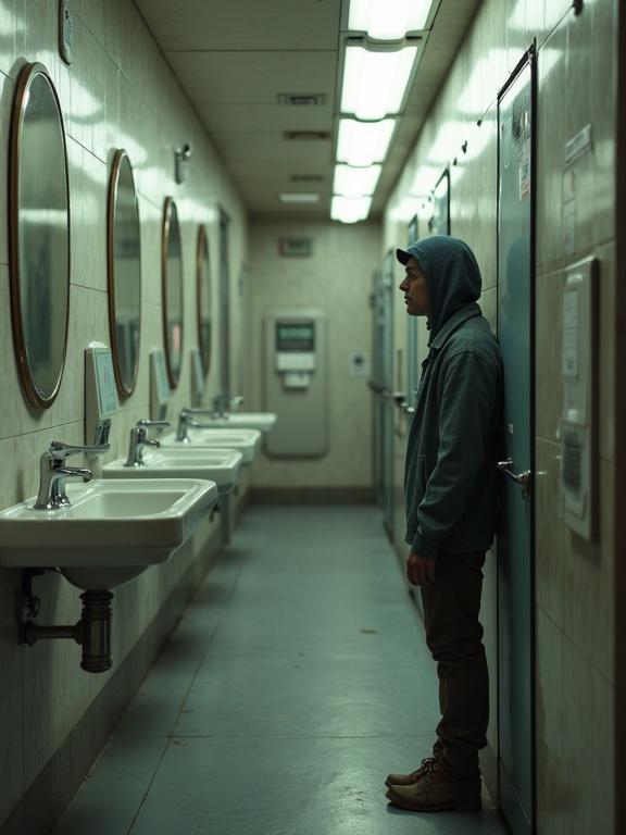 Image of a person standing quietly in a modern restroom setting. The atmosphere is calm and reflective. Several sinks and mirrors are visible in a corridor. Indication of thoughts or introspection in the person's posture.