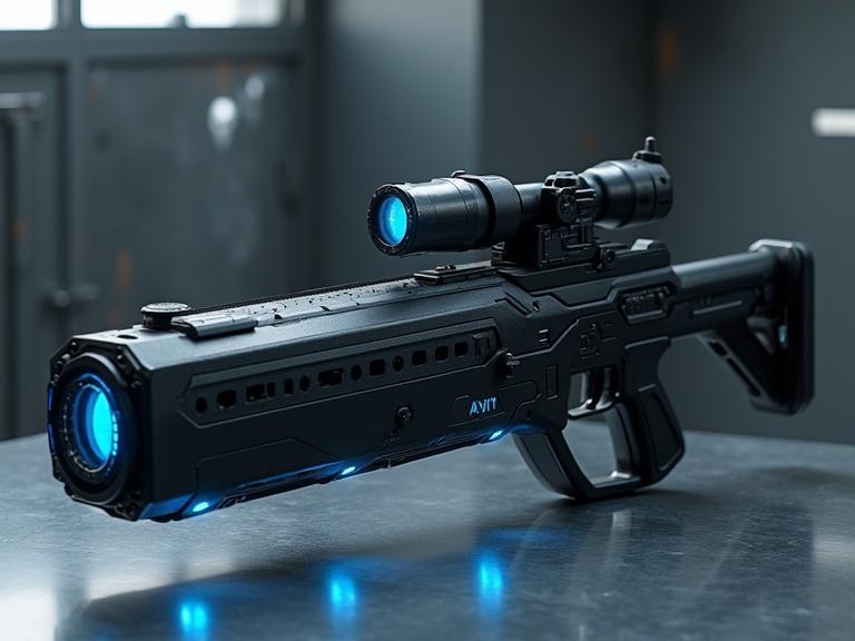 Create an image of a futuristic black grenade launcher on a silver table. Showcase blue LED display and glowing cartridge. Emphasize textures and shadows in a dark grey room with top spotlight.