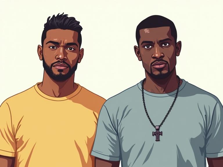 Digital illustration of two male figures standing side by side. One character has a solid color t-shirt. No shadows are present. Styled with a comic-like appearance similar to Grand Theft Auto 3. Characters look directly at the camera. Clear gap between them. Full frontal view. Bold outlines and flat vibrant colors used.