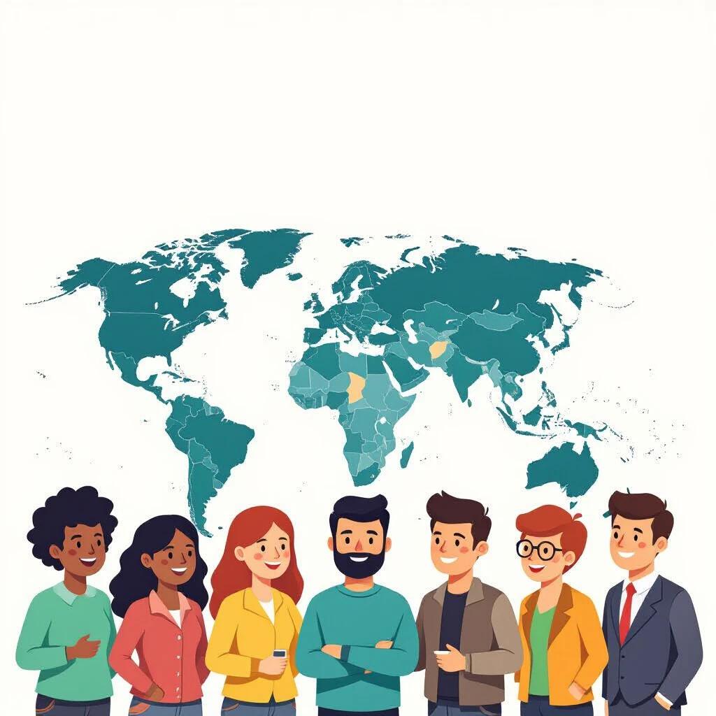 Diverse group of individuals standing in front of a world map. Cartoon style illustration. Various clothing styles and colors. No explicit details provided.