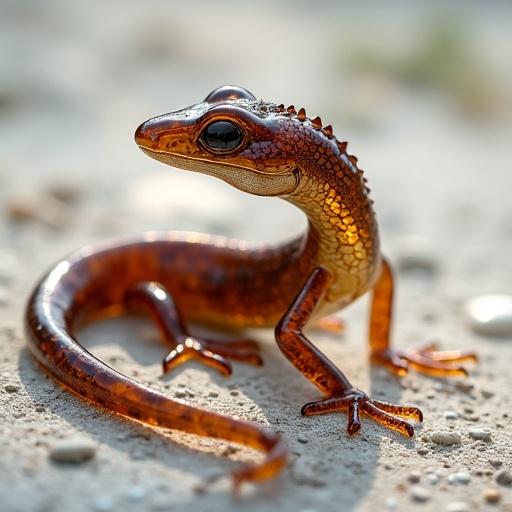 Slender glass lizard with dark-brown rusty-brown and tan-brown color palette on the ground. It has a detailed eye and elegant body shape. Background is soft and natural.