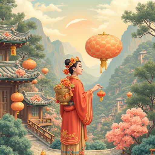 A woman in traditional attire holds a lantern surrounded by historical Asian architecture under soft natural light.