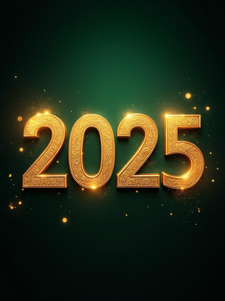 Golden number 2025 richly embellished with intricate designs. Dark green background with glowing particles. Focus on richness and festivity.