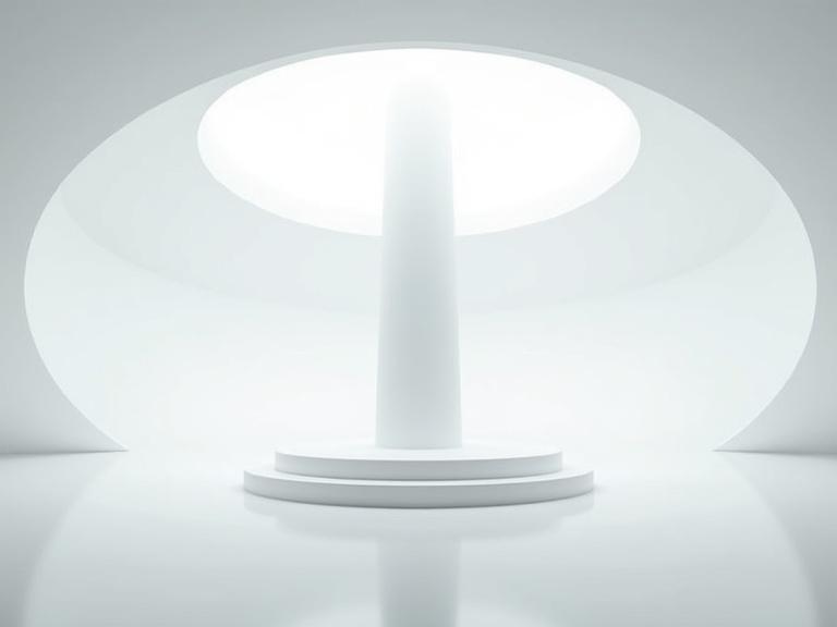 A spacious interior within a futuristic setting resembling a UFO. Dominant features include a sleek white floor and a tall, smooth, curvy tower platform in the center. A powerful bright light radiates from a large round dome ceiling which enhances the clean, modern aesthetic.