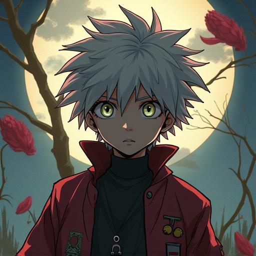 Character inspired by anime series. Bold hairstyle with spiky ends. Clothing has red jacket and high collar. Background features a large moon with stylized flowers. Artistic digital design.