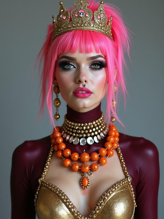 A woman with bright pink hair wears a gold tiara with jewels. She has facial piercings like nose studs and eyebrow rings. Makeup includes exaggerated black false eyelashes and bright pink lipstick. A deep maroon latex bodysuit with metallic gold embellishments is worn. Jewelry pieces include chunky necklaces and dangling earrings in orange and pink. The background is smooth and gray. Professional studio lighting is used.