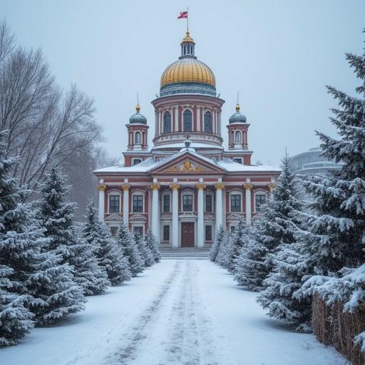 Photography of a palace in St. Petersburg during the day with light snow falling