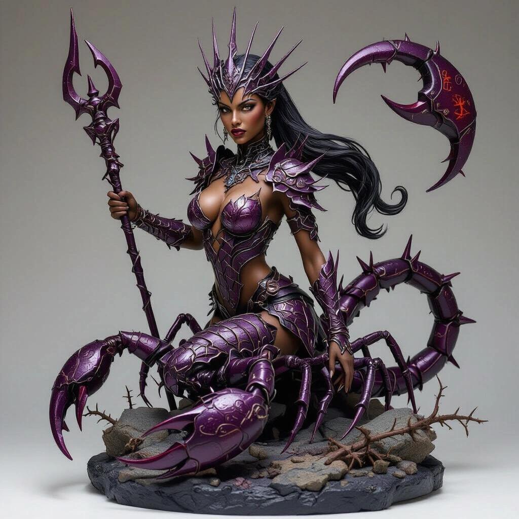 Resin statue of a Scorpio-inspired goddess. Dark-skinned half-scorpion woman with a piercing gaze. She wears organic armor mimicking the shape of a scorpion. Dark tones with purple and red highlights. Sharp crown and long ponytail decorated with spikes. Back adorned with a stylized metallic scorpion tail. Stands on a rocky base with astrological symbols. Holds a stinger-shaped spear or scepter. Dominant pose with contained threat.