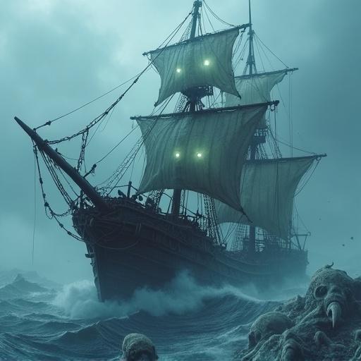A monstrous undead pirate ship with a hull made of dark bones and skulls. The parts resemble a skeletal sea creature. The ship's framework has a twisted ribcage. The mast features glowing ghostly eyes. An ethereal fog surrounds the ship. The ship is partially submerged in a stormy sea. Skeletal sea creatures lurk beneath the water. The scene is cinematic dark fantasy with high detail in 4K.