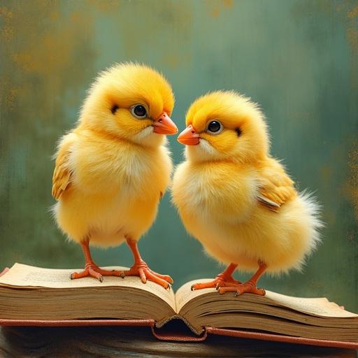 Two fluffy yellow chicks are standing on an open book. They are facing each other with bright, curious eyes. The book has a worn, vintage appearance. The chicks are vibrant and adorable, embodying the innocence of youth. The background is softly blurred, drawing focus to the subjects.