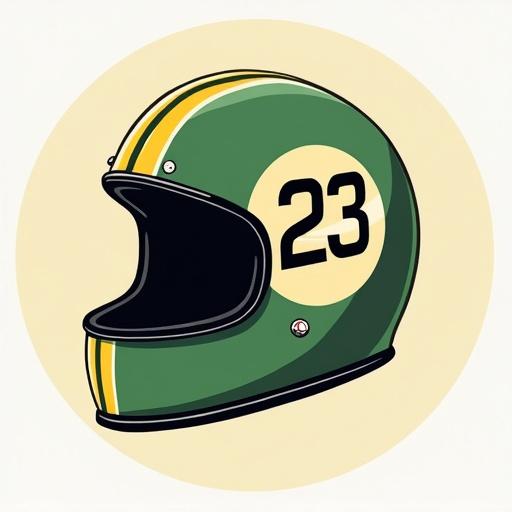 Retro racing motorcycle helmet. Number 23 displayed prominently. Green color with a yellow stripe. White circular background.