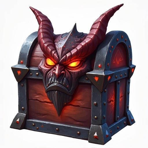 Image of a treasure chest with a prominent demon face looking straight forward. The design is inspired by the game World of Warcraft. The background is transparent.