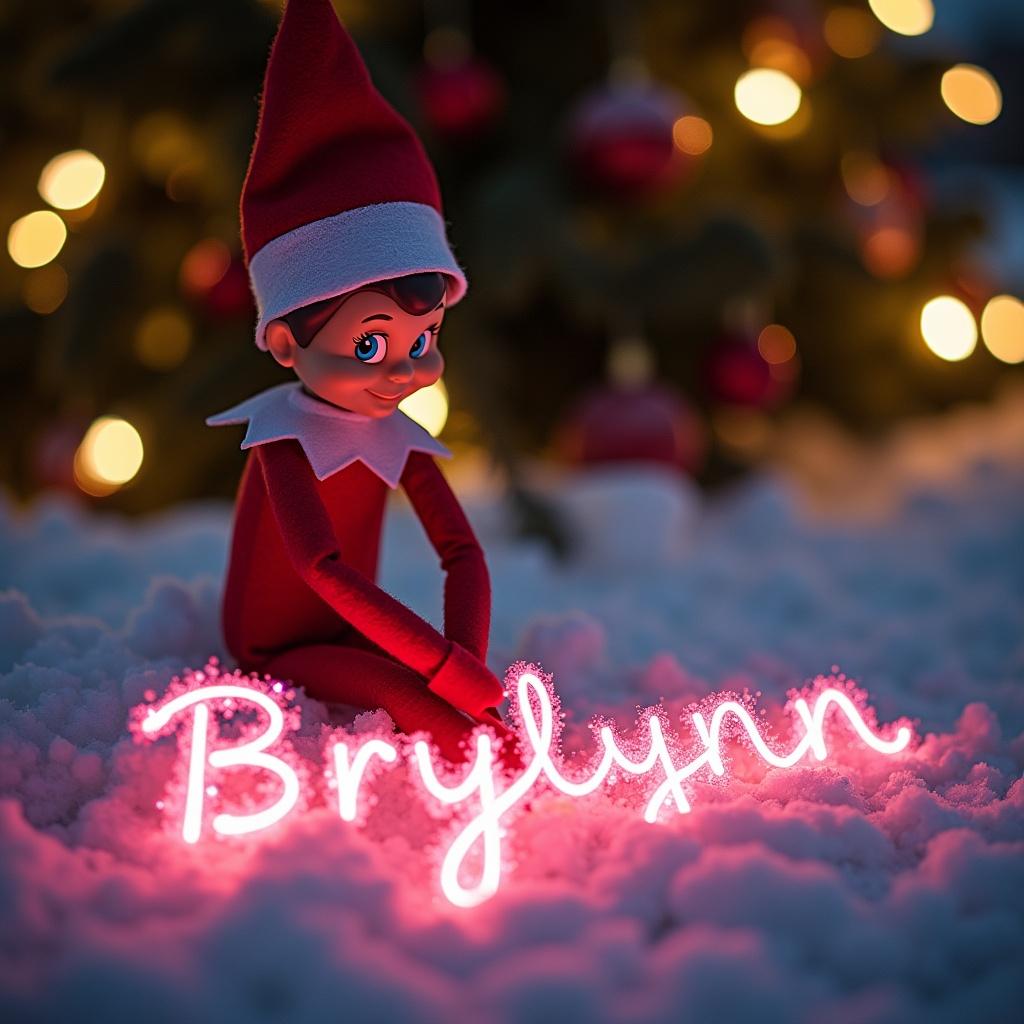 Elf on the shelf writes Brylynn in the snow with sparkly lights. Elf wears classic red outfit and pointy hat. Joyful interaction with festive scene. Magical and playful atmosphere.