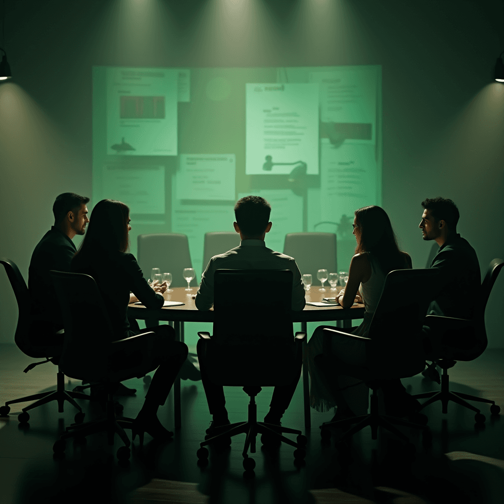 A group of people in a dimly lit room sitting around a table with documents projected on the wall.