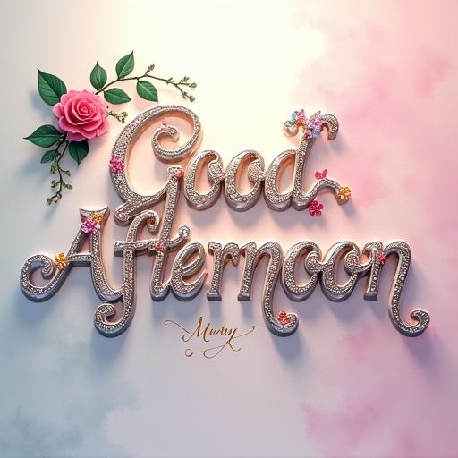 Digital illustration showing the words Good Afternoon in bold three-dimensional script made from silver filigree. Adorned with vibrant floral patterns and gemstones. Central composition against a soft gradient background from pale grey to blush pink. Rose branch with leaves arches above the lettering. Soft light gently illuminates the entire image.