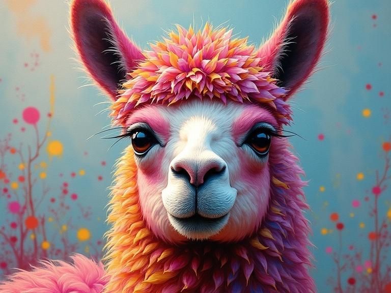 Portrait of colorful llama with thick palette knife strokes and large brush globs. Colorful patterns and textures blend in a whimsical style.
