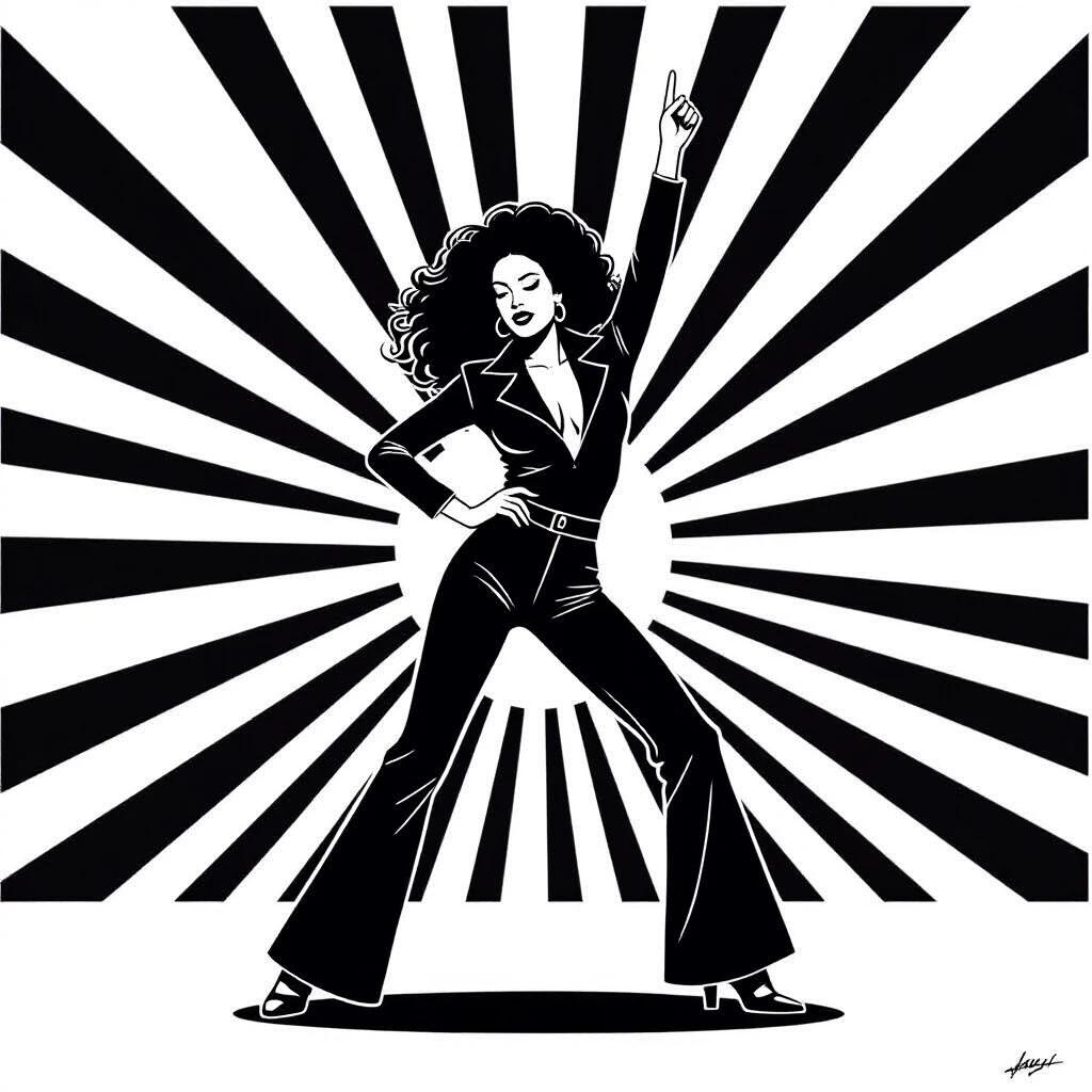 Minimalist continuous black line drawing of a girl dancing in a bold disco pose. One arm raised with finger pointing up. Dramatic spin motion. Use a single unbroken black line. Pure white background. No shading or textures. Focus on big hair and flared pants. Simple silhouette without details.