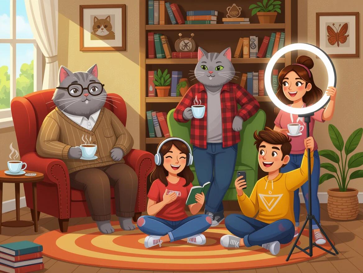 Cozy digital art features large cat family. Different generations of cats pose for photo. Dignified Boomer cat sits on armchair with tea. Laid-back Gen X cat leans against bookshelf with coffee. Millennial cat sits on rug with headphones and matcha. Cheery Gen Z cat holds phone for selfie. Alpha kitten plays on tablet with toys. Living room has cat art, bright lighting, fun decor.