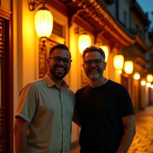 Two men stand in front of a Chinese-style building at night. One wears glasses and a light-colored shirt while the other is in a dark T-shirt. They are laughing. The building is illuminated by lanterns with warm yellow light. The street is made of stone, reflecting warm light spots. Night portrait photography style.