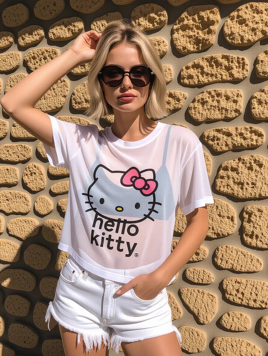 Photograph of a young woman outdoors on a sunny day. She stands in front of a stone wall. Woman has light skin and wears large dark-tinted sunglasses. Hair is short and blonde. Upper body wears a sheer white t-shirt with a Hello Kitty graphic print. Lower body has very short distressed white denim shorts. Tattoo of a star on right forearm. Woman poses with arms raised and hands behind her head. Background has a wooden lounge chair with a beige cushion and light pink blanket. Summer environment is suggested.