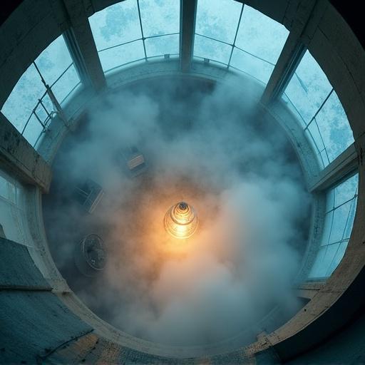 High above inside the lighthouse dome a bird’s-eye view shows pale light struggling through dense fog. The beacon flickers and rotates. Tools are scattered near the base. Condensation on the walls catches the light. Watercolor art depicts eerie calm with glowing haze and soft pastel tones.