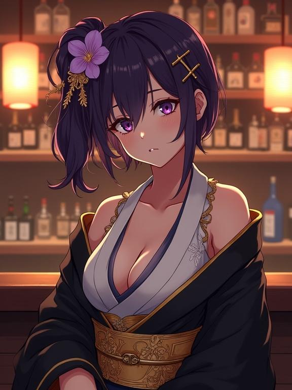 Anime-style woman with dark violet hair and violet flower. Light violet eyes and gentle expression. Black and gold kimono over white garment. Seated at bar counter in izakaya with liquor bottles. Warm wooden shelves and paper lanterns create cozy atmosphere. Highly detailed digital painting.