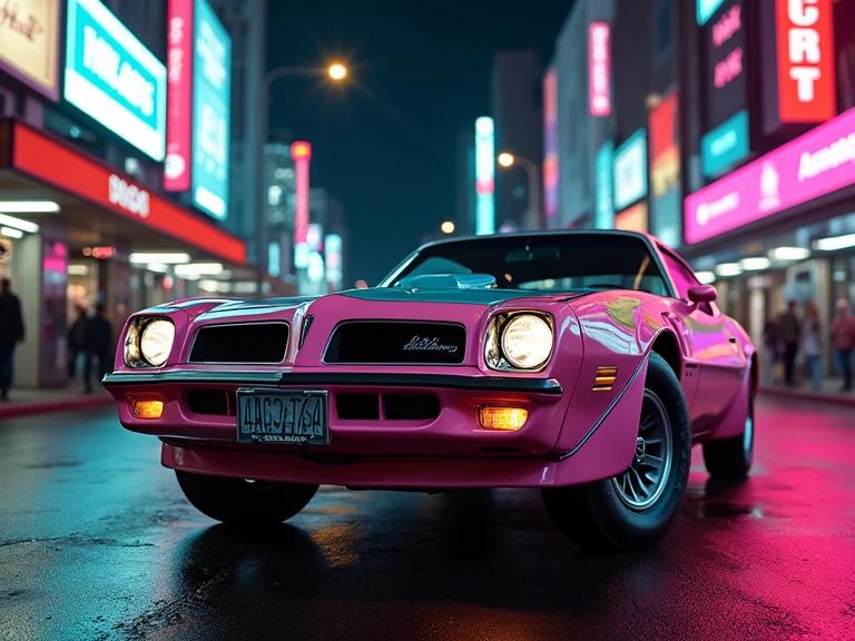 A bright pink Pontiac Trans Am parked. The car has a unique teal color scheme with a screaming chicken graphic. Positioned in a lively cyberpunk city at night. Neon lights glow in the background creating a vibrant atmosphere.