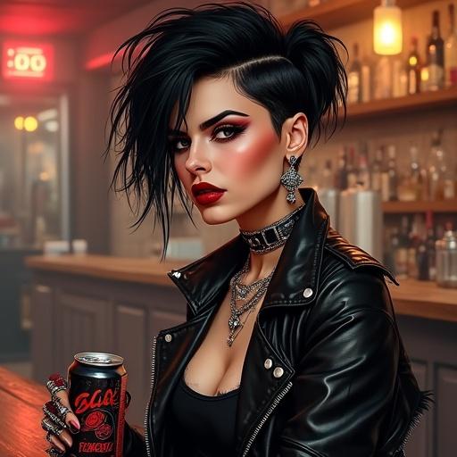 A punk woman showcases a black wolf haircut. She possesses bold red-black makeup with dark lipstick and smudged eyeshadow. Wearing a worn-out leather jacket, she holds a can of beer. The background features a bar counter.