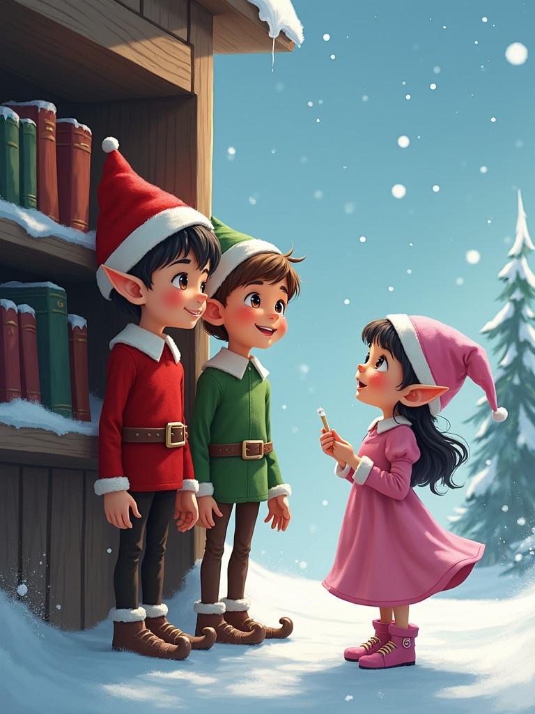 Three cheerful elves stand outside in the snow. Elf boy in red shirt shows name Nathan. Elf boy in green shirt shows name Anthony. Girl elf wears pink dress shows name Mia Rose. Snow falls gently around them against a clear blue sky.