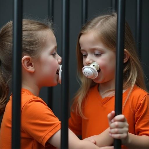 A 10 year old girl plays courtroom with her mother. The mother wears an orange jumpsuit and is locked behind bars. The girl pretends to be a judge. The mother pleads and begs for a lenient sentence. Both have oversized pacifiers in their mouths.