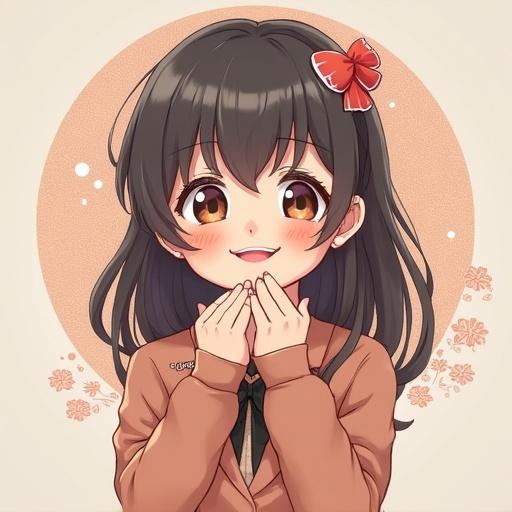 A cartoon character with black hair and a red bow smiling. The character has big eyes and is wearing a brown blouse. The background is light with floral elements.