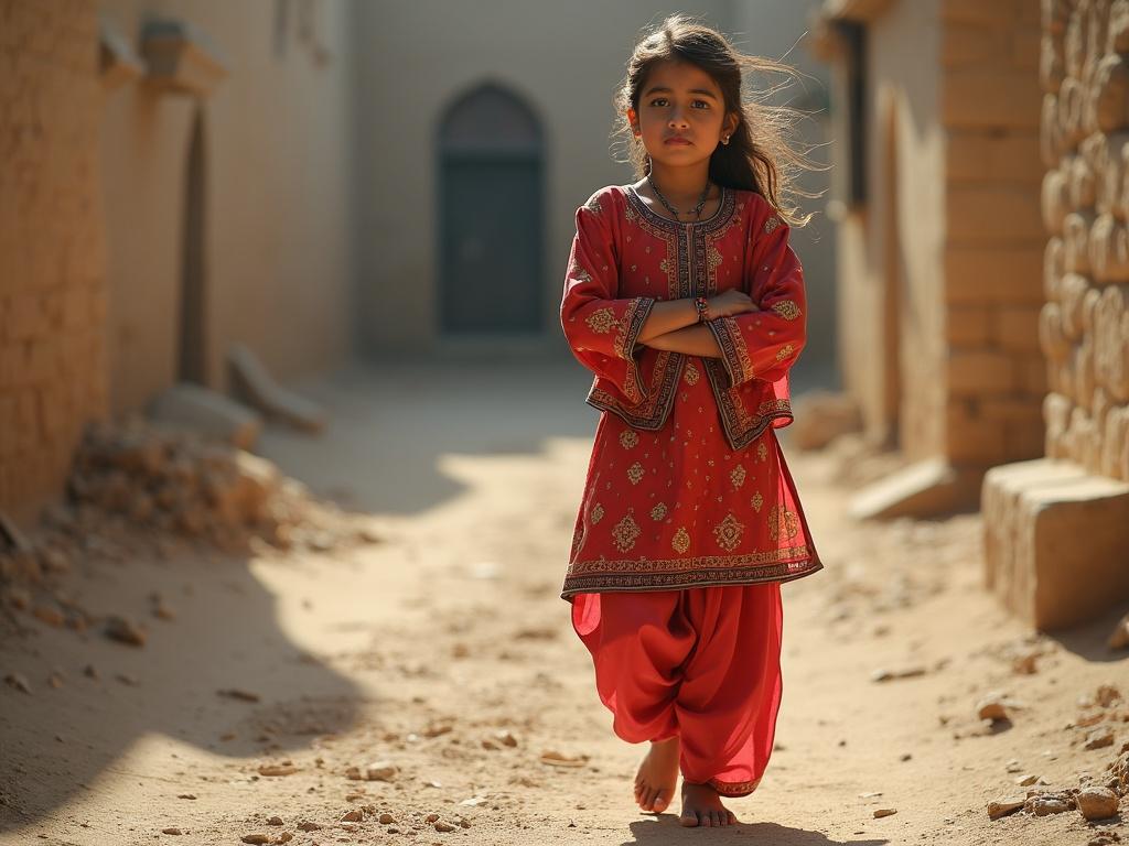 A young Pakistani girl walks barefoot through a sunlit village path. She is dressed in a vibrant red traditional outfit adorned with intricate designs. With her arms crossed and a thoughtful expression, she exudes confidence and resilience. The dusty ground and rustic buildings create a warm atmosphere. Her dark hair flows gently in the breeze, contrasting with her bright attire. This image captures the essence of childhood in a cultural context while depicting the beauty of traditional clothing.