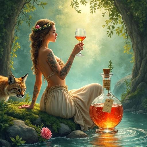 A watercolor painting depicts a woodland goddess in a gown of leaves and flowers. She reclines in a grotto, toasting with a glass of elixir. Lush foliage surrounds her, with a stream nearby. An apothecary-style bottle glows beside her. The color palette includes greens, blues, and golds, evoking tranquility.