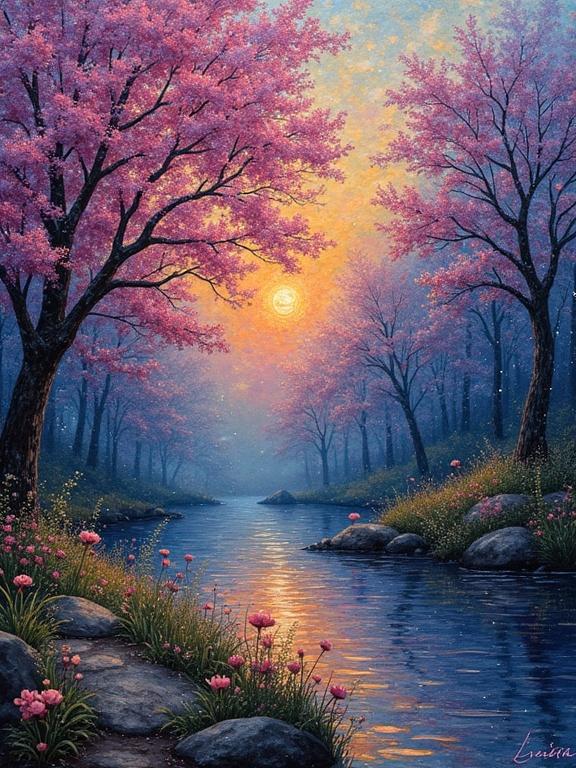 A serene nature scene depicting a river bordered by pink blossom trees. The sunset casts a warm glow on the scene. Soft reflections in the water create a tranquil atmosphere. Vibrant colors enhance the beauty of the landscape.