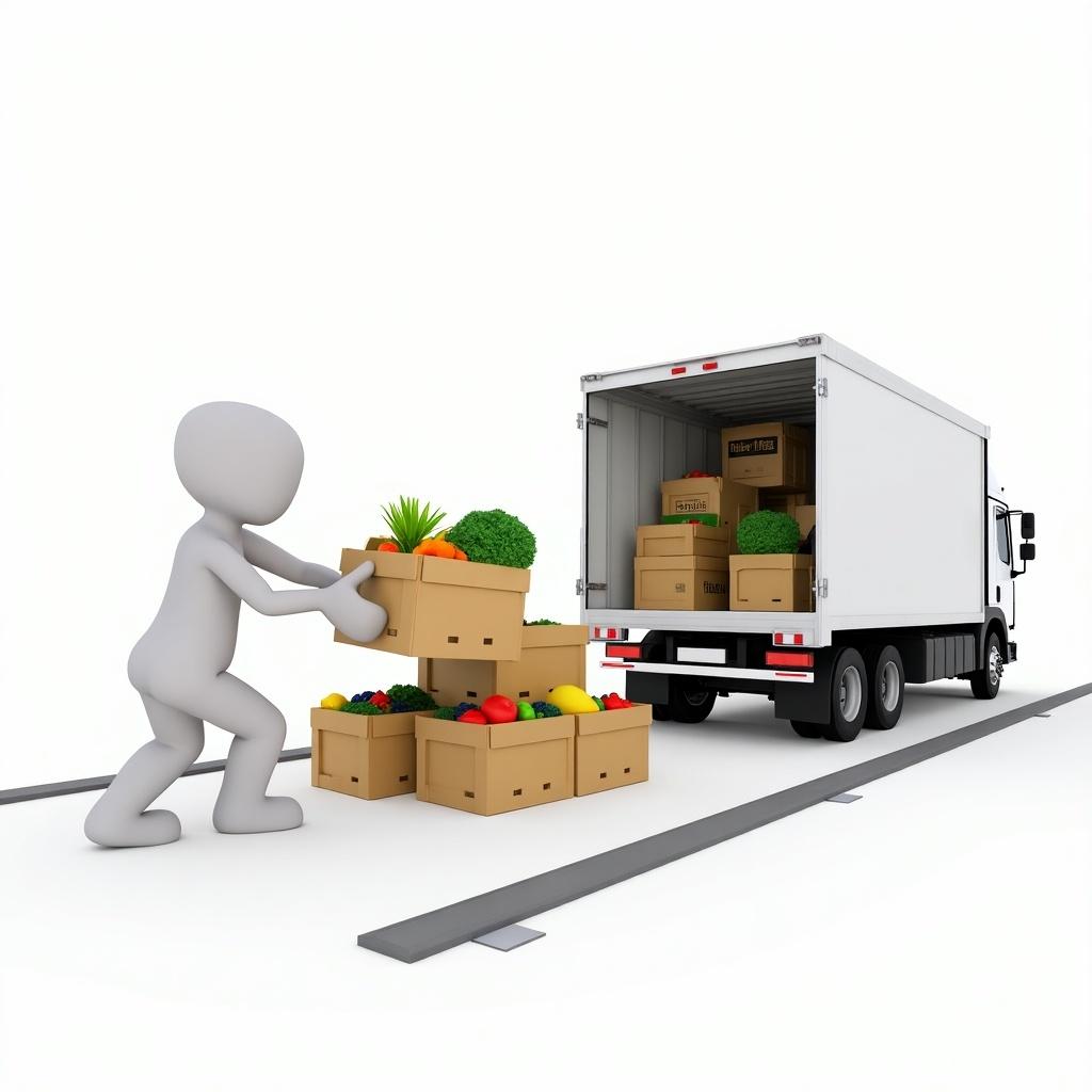 The image features a stick figure actively loading boxes of fresh produce into a refrigerated truck. In the background, the truck is parked on a highway, illustrating the transportation of food items. The boxes contain various vegetables and fruits with visible labels indicating their destinations. This scene highlights the process of food distribution and logistics. The overall tone is clean and minimalistic, focusing on the efficient handling of perishable goods.