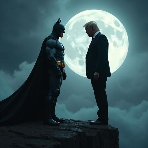 Batman stands menacingly on a cliff. Donald Trump faces him with an aggressive stance. A bright full moon illuminates the scene. A storm brews in the background. Nighttime dramatic atmosphere.