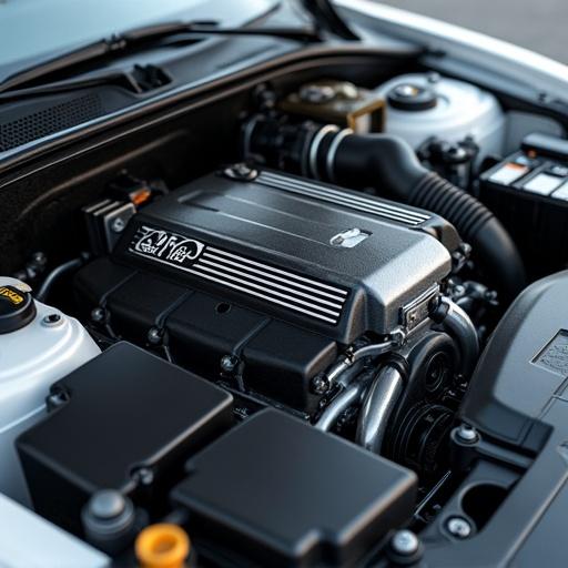 High-quality 3D render of a realistic car engine with intricate details. View highlights engine components in a well-lit environment.