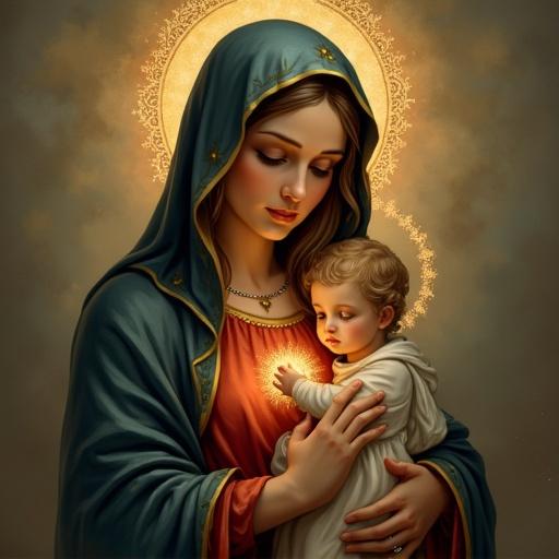 Portrait of Virgin Mary. She wears a blue robe. Baby Jesus is in her arms. Both have gentle expressions. A soft halo glows behind them.