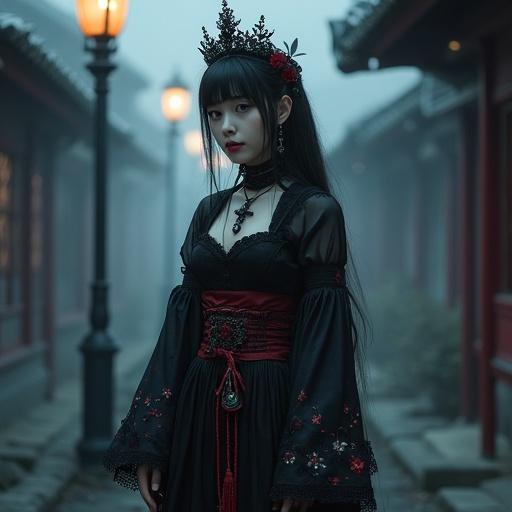 A ghostly girl inspired by Persephone. Gothic lolita and traditional Japanese fusion outfit. Black lace blouse with lace trims. Sheer kimono-style jacket. Cherry blossom patterns with crimson gradients. Long layered gothic skirt. Embroidered butterflies and spider lilies. Black obsidian tiara with crescent moons. Dark flowers in long black hair. Black chain earrings and silver key pendant. Braided red and black sash with butterfly ornaments. Wrist bangles and red string of fate. Standing in a misty alley under a streetlamp. Photorealistic dark fantasy scene on a moonlit night.