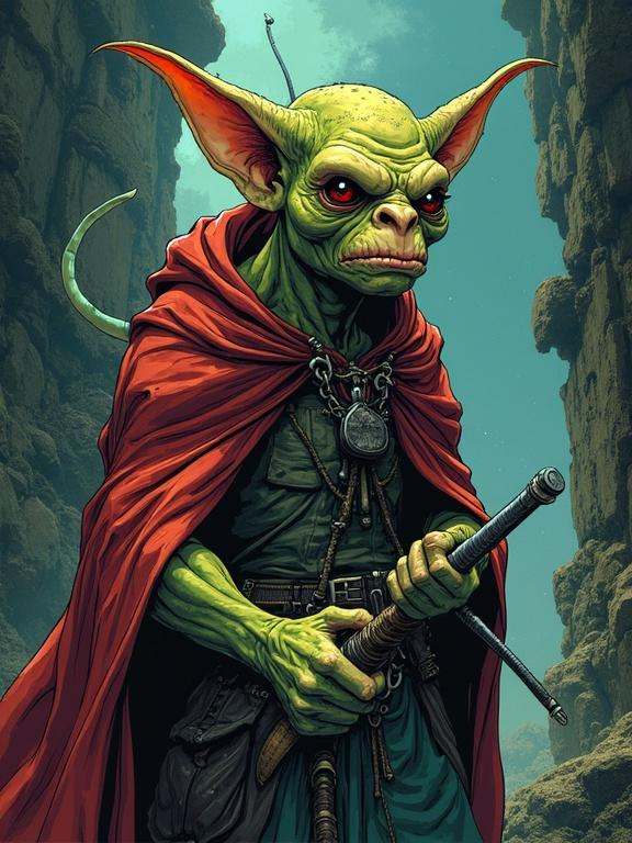 A goblin character with distinct features. Character holds a sword and wears a red cloak. Background features a dark fantasy setting with intricate details. Art style inspired by comic books and anime colors. Heavy line work enhances the character's design.