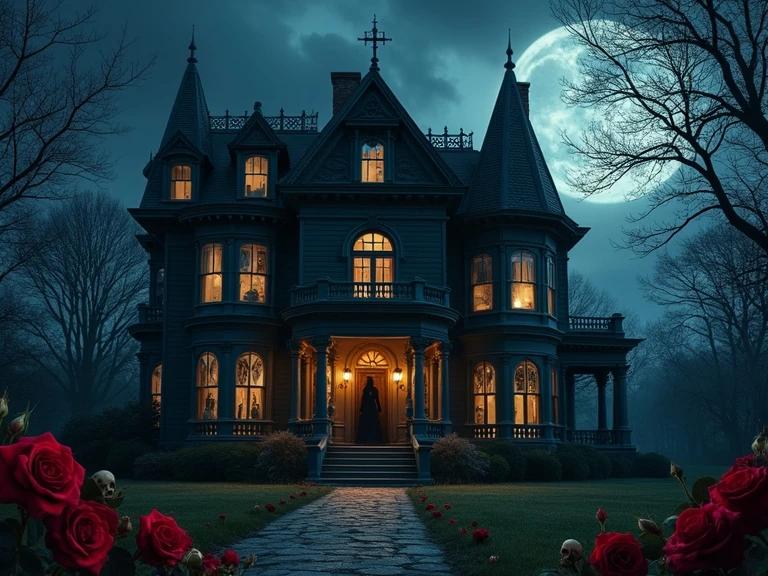 A Gothic Victorian mansion at night with scattered red roses and subtle skull motifs. A lone silhouette watches from a doorway. Moody shadows and romantic darkness surround the scene.