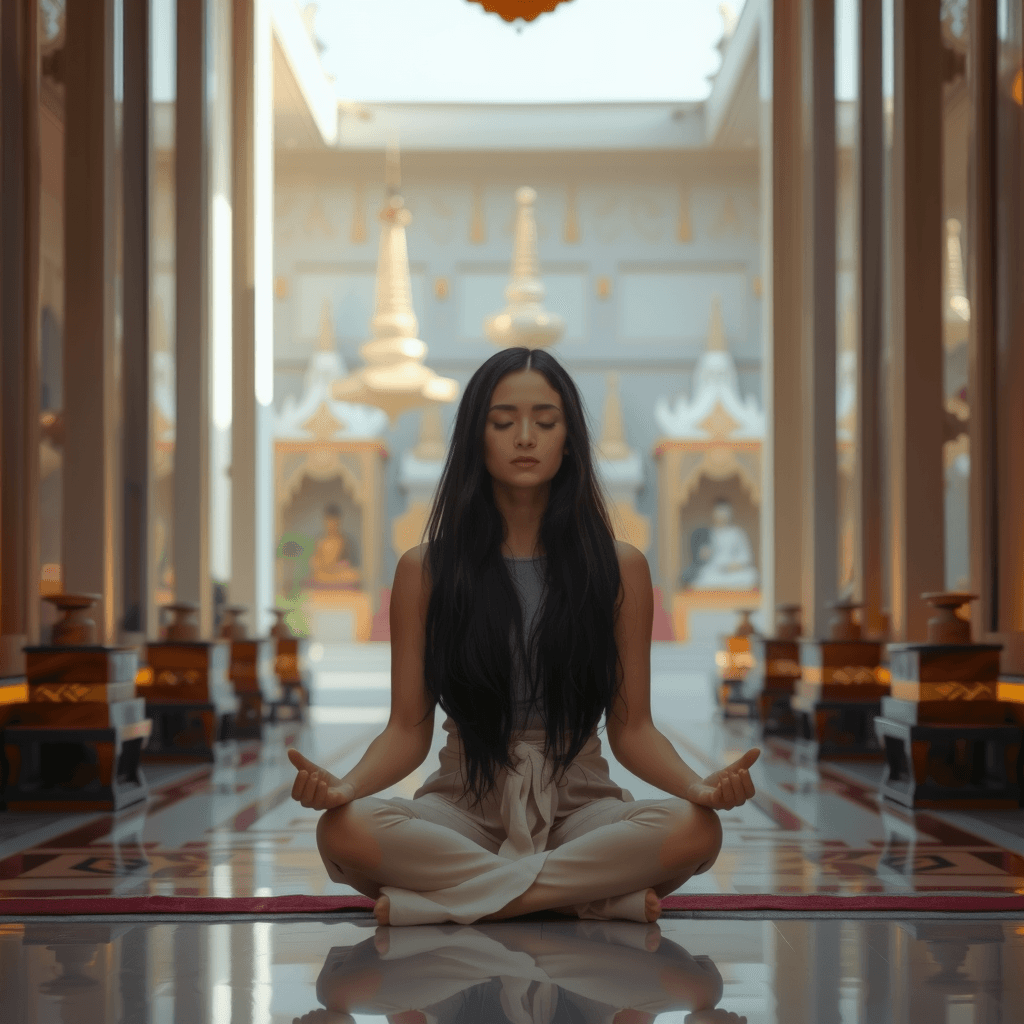 A woman meditates peacefully in a sunlit temple corridor.