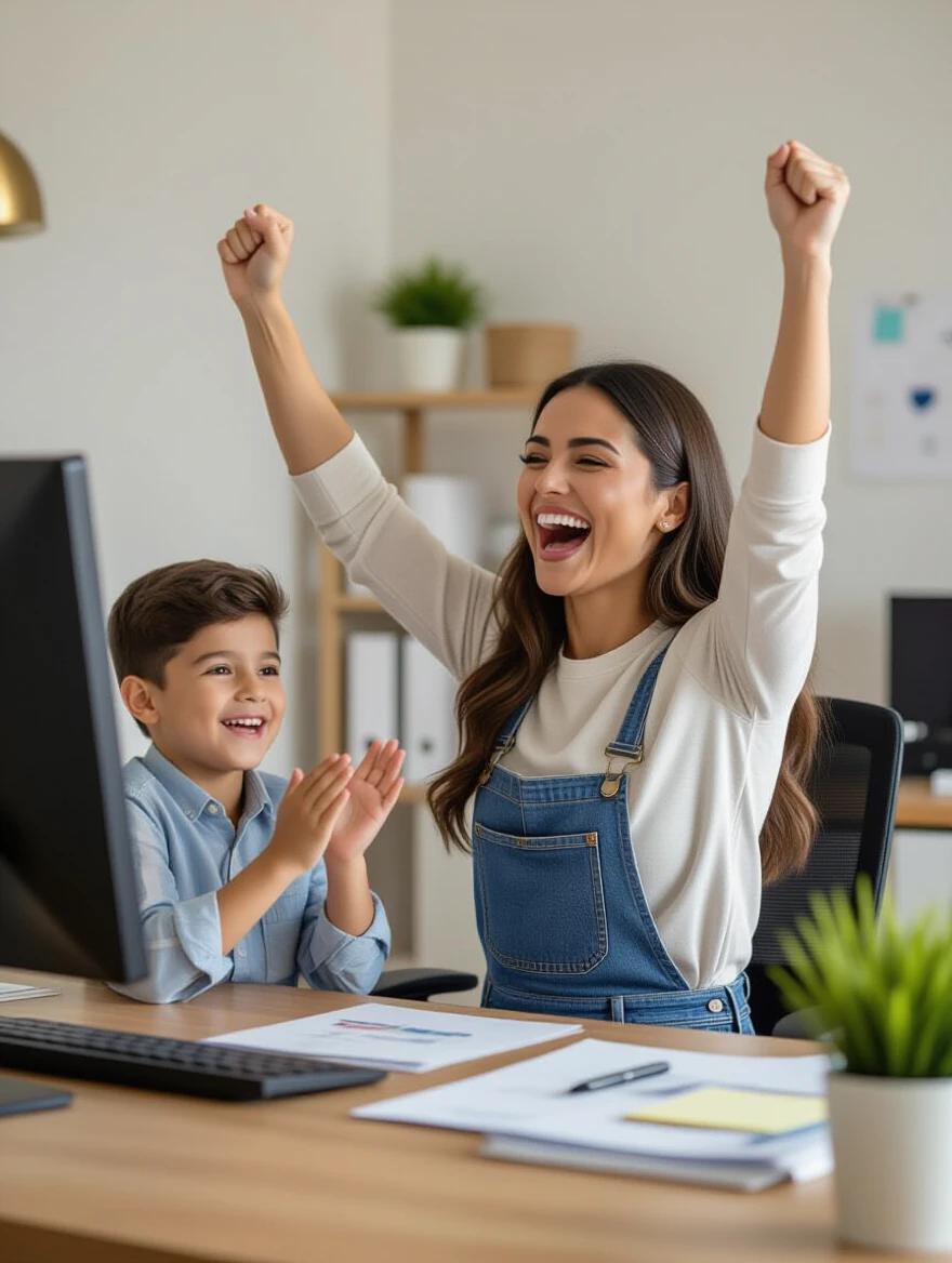 Young Mexican mother celebrating an achievement in her online business. She raises her arms in victory. Her son is beside her clapping and smiling. Scene set in a well-organized home office with a computer and documents. High-quality photography with natural colors.