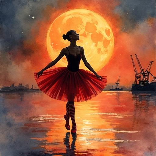 Watercolor painting of a ballerina dancing en pointe. Ballerina wears a red and black tutu with striped socks. She dances in front of a vibrant full moon. Background includes silhouettes of port cranes. Dynamic and expressive pose with warm sunset colors. Textured watercolor paper adds intricate details.