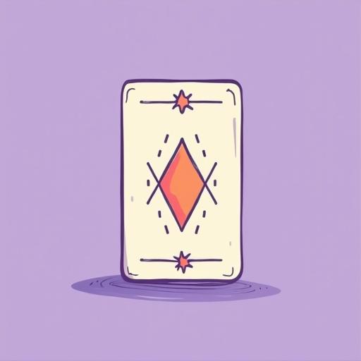 Minimalist cartoon icon of a tarot card. Stylized flat design features thick outlines. The design is simple yet bold with high contrast colors. Background is light violet.