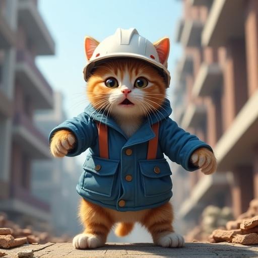 Realistic cat wearing a white helmet and blue work jacket. Cat standing on a construction site. Style inspired by Genba Neko. Cat has worried expression and seems almost to fall from scaffolding.