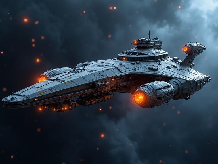 A detailed and exotic starship is floating in the depths of outer space. The craft has glowing orange engines and is surrounded by dark clouds and particles resembling stars. It has a sleek, futuristic design.