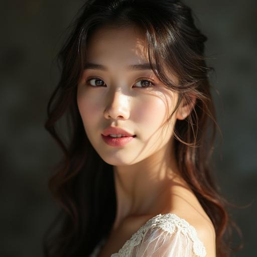 A beautiful East Asian woman stands elegantly with a gentle smile. Natural light highlights her features and the intricate design of her outfit. Her hair cascades loosely down her shoulders. The soft lighting creates dramatic shadows, enhancing her graceful presence.