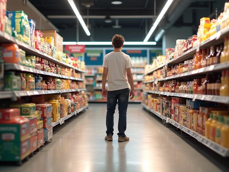 A virtual supermarket entrance with a realistic person in a grocery aisle. Aisles are filled with assorted food products. The person stands in an aisle looking at the shelves. Brightly lit environment emphasizes a shopping experience.