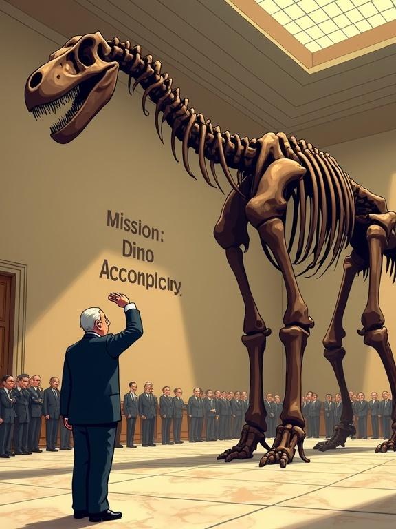 Cartoon illustration features an old president saluting a large diplodocus skeleton. Grand museum hall with marble floors and warm lighting. President dressed in navy suit holds a small flag. Bystanders look on in confusion. Sign on the wall says 'Mission: Dino Accomplie'. Humorous and absurd atmosphere. 9:16 format.